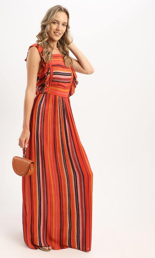 56980 Ruffle Sleeveless Striped Maxi Dress - Orange & Black - Ravin 