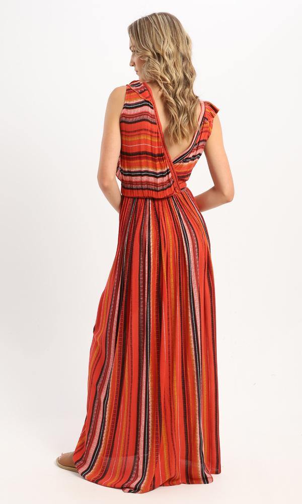 56980 Ruffle Sleeveless Striped Maxi Dress - Orange & Black - Ravin 