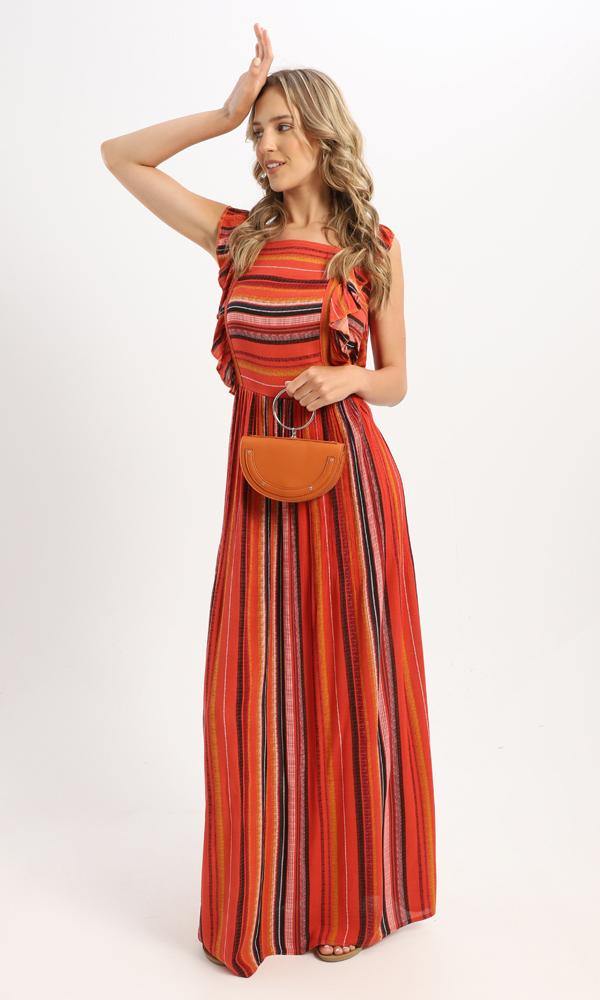 56980 Ruffle Sleeveless Striped Maxi Dress - Orange & Black - Ravin 