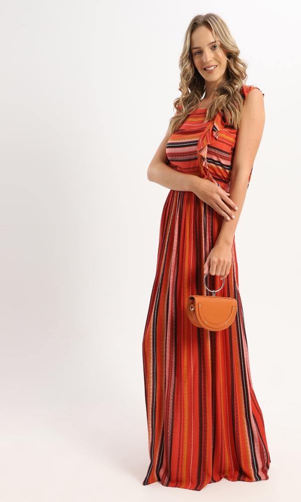 56980 Ruffle Sleeveless Striped Maxi Dress - Orange & Black - Ravin 