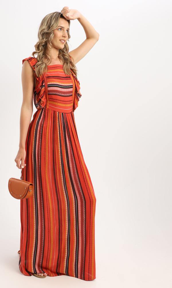 56980 Ruffle Sleeveless Striped Maxi Dress - Orange & Black - Ravin 