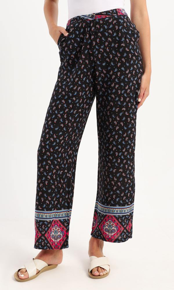 56985 Side Pockets Paisley Wide Leg Black Pants - Ravin 