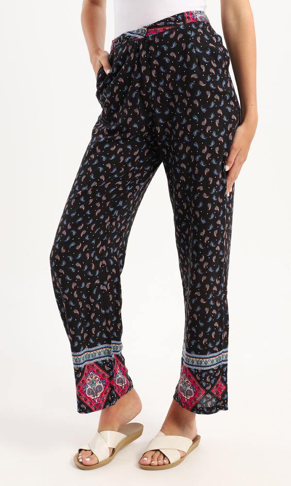 56985 Side Pockets Paisley Wide Leg Black Pants - Ravin 