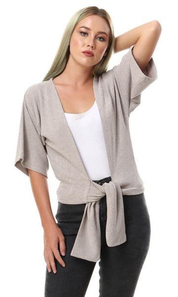 56986 Ribbed Casual Cardigan With Front Tie - Beige - Ravin 