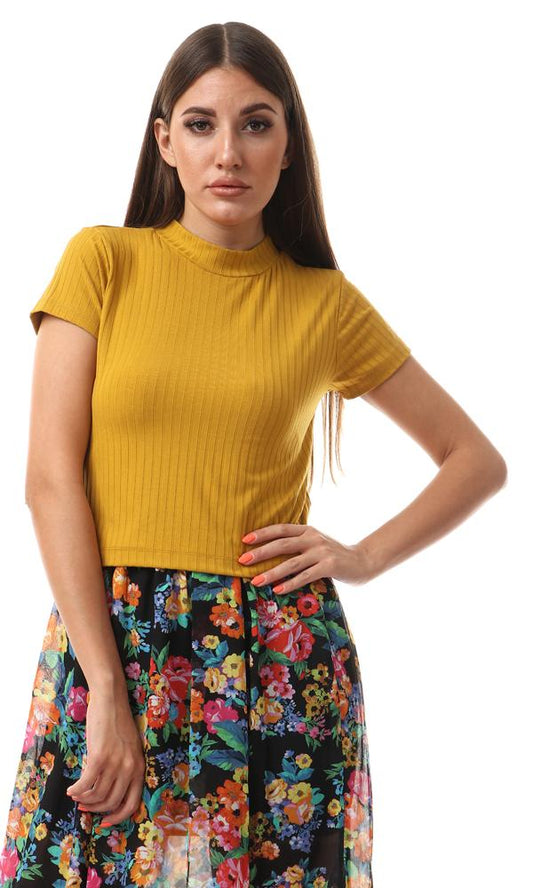 56994 Funnel Neck Cropped Mustard Top - Ravin 