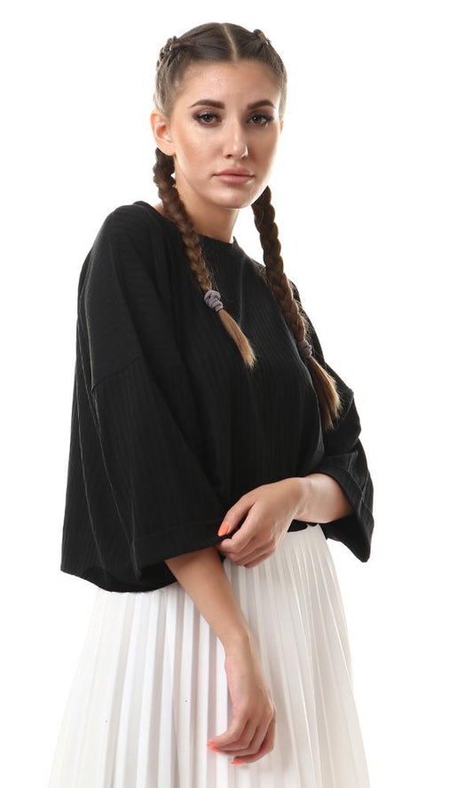 56997 Roll-Up 3/4 Sleeves Ribbed Black Top - Ravin 