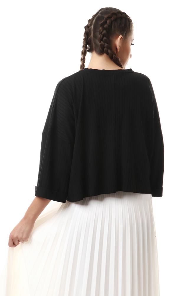 56997 Roll-Up 3/4 Sleeves Ribbed Black Top - Ravin 