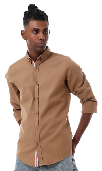 57002 Plain Casual Linen Buttoned Shirt - Camel - Ravin 