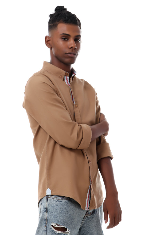 57002 Plain Casual Linen Buttoned Shirt - Camel - Ravin 