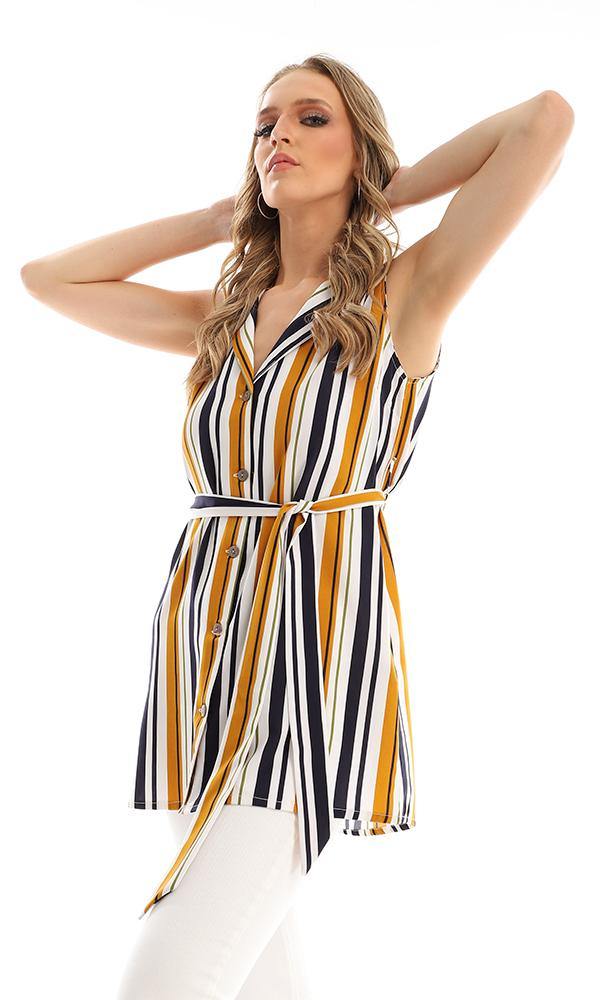 57024 Unbalanced Striped Buttoned Long Vest - Goldenrod - Ravin 