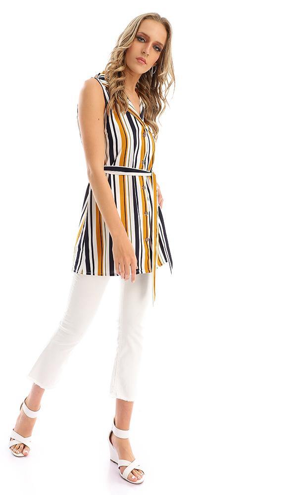 57024 Unbalanced Striped Buttoned Long Vest - Goldenrod - Ravin 