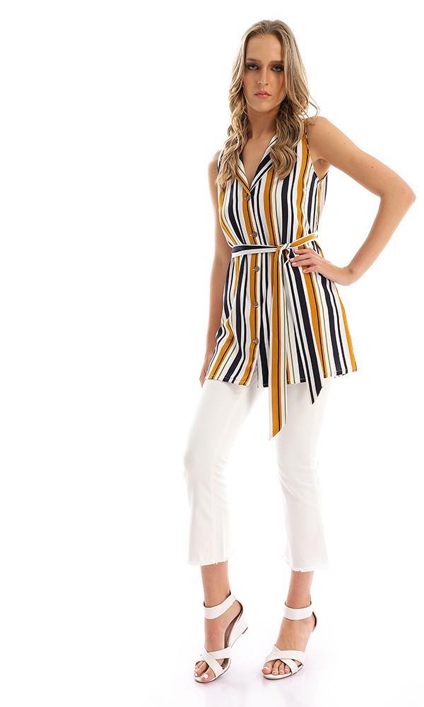 57024 Unbalanced Striped Buttoned Long Vest - Goldenrod - Ravin 