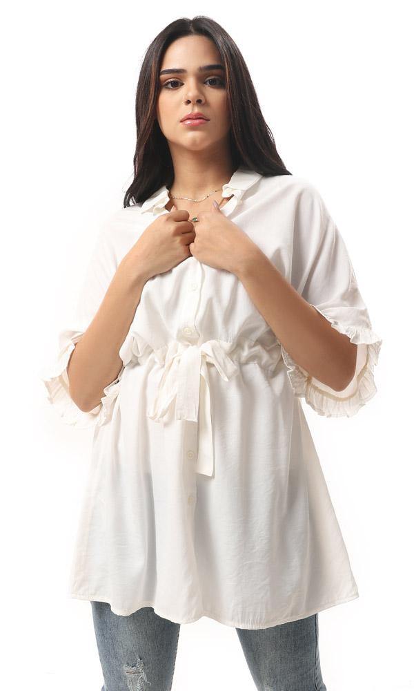 57042 Waist Drawstring Short Sleeves Long Shirt - Off-White - Ravin 