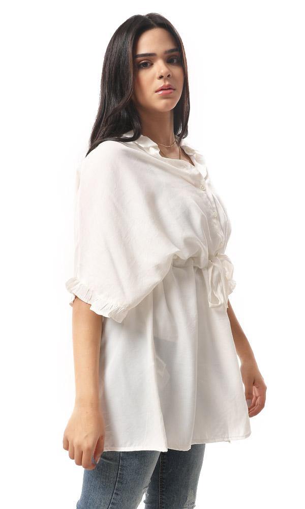 57042 Waist Drawstring Short Sleeves Long Shirt - Off-White - Ravin 