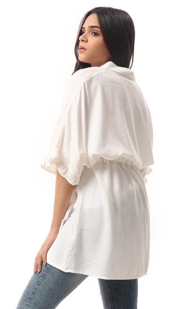 57042 Waist Drawstring Short Sleeves Long Shirt - Off-White - Ravin 