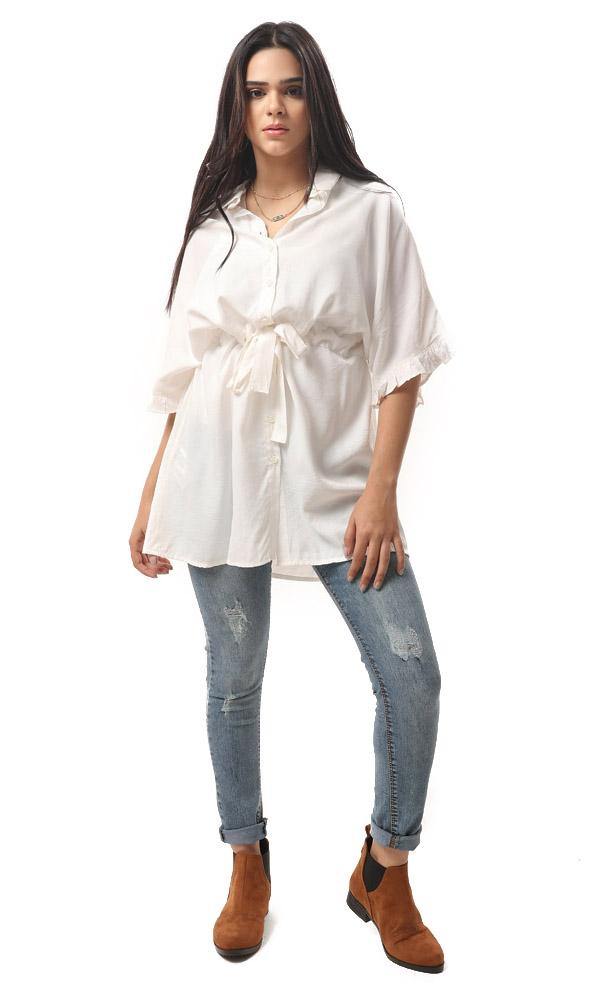 57042 Waist Drawstring Short Sleeves Long Shirt - Off-White - Ravin 