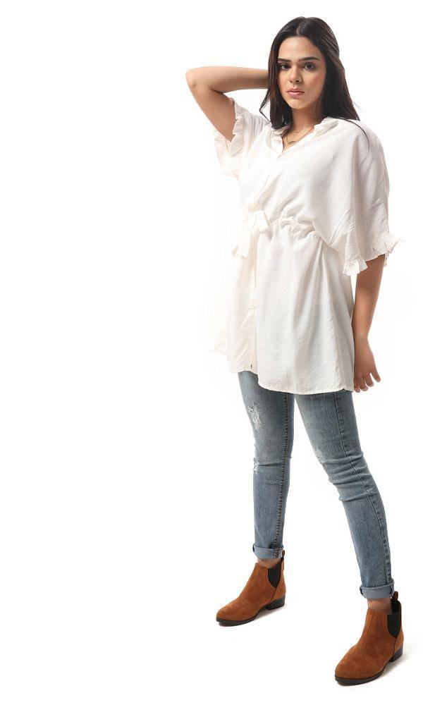 57042 Waist Drawstring Short Sleeves Long Shirt - Off-White - Ravin 