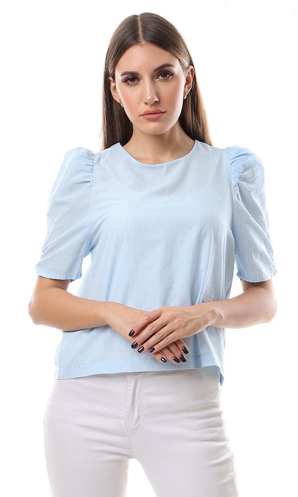 57047 Self Stripe Baby Blue Short Sleeves Top - Ravin 