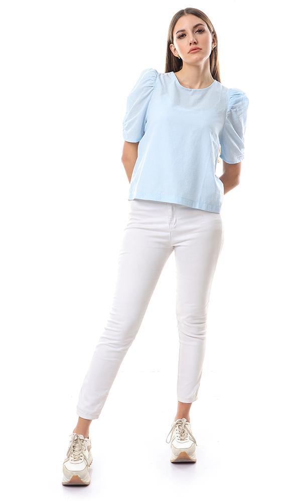 57047 Self Stripe Baby Blue Short Sleeves Top - Ravin 