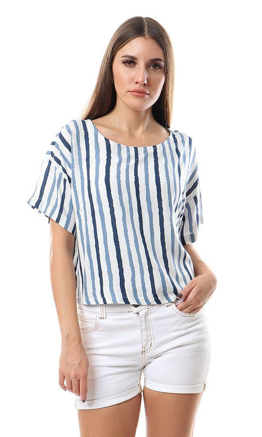 57048 Blue Stripes Short Sleeves Off White Top - Ravin 