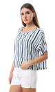 57048 Blue Stripes Short Sleeves Off White Top - Ravin 