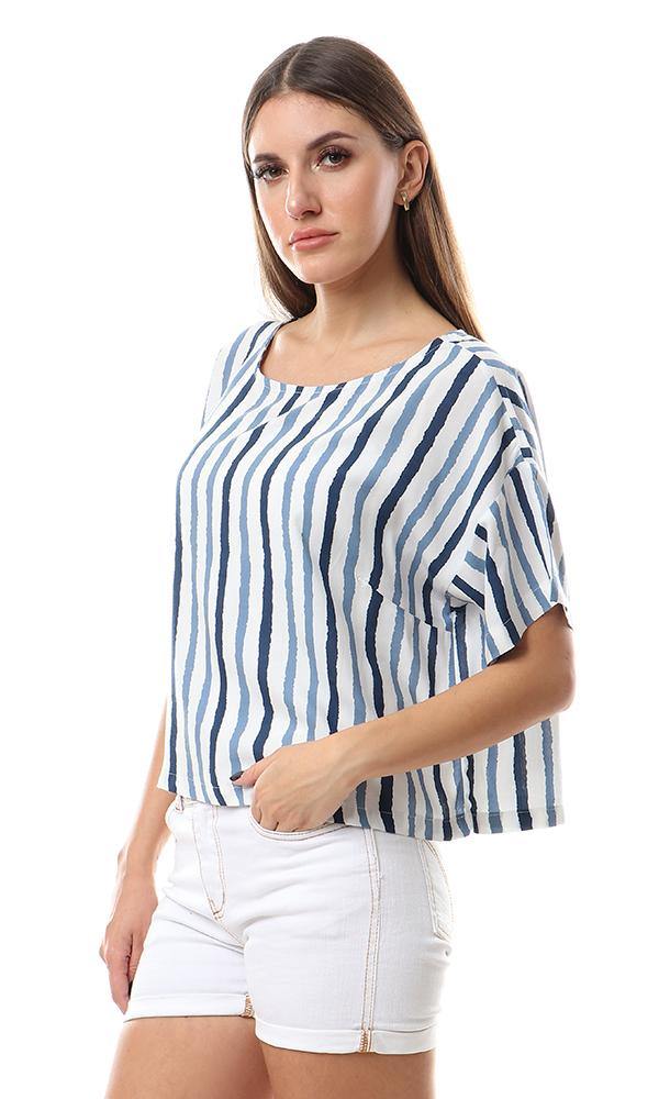 57048 Blue Stripes Short Sleeves Off White Top - Ravin 