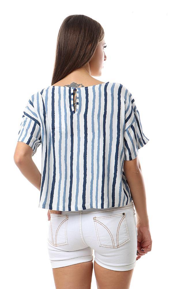 57048 Blue Stripes Short Sleeves Off White Top - Ravin 