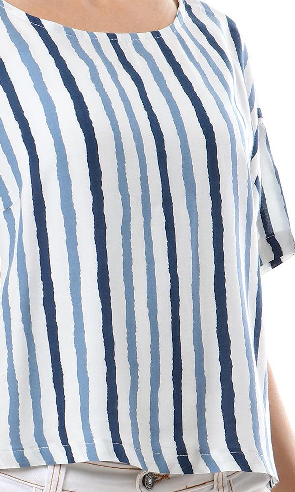 57048 Blue Stripes Short Sleeves Off White Top - Ravin 