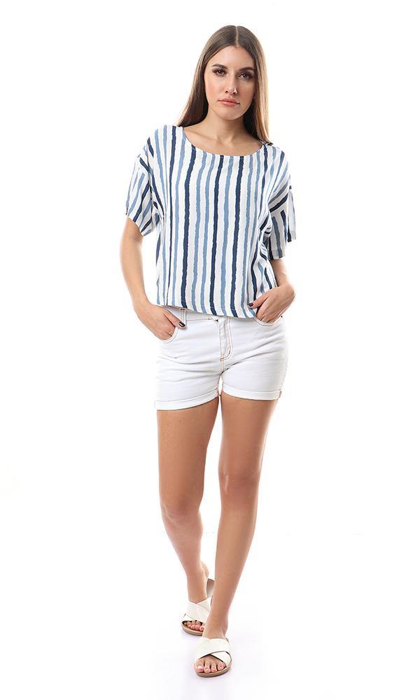 57048 Blue Stripes Short Sleeves Off White Top - Ravin 