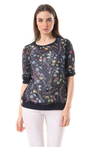 57060 Floral See Through Navy Blue Blouse - Ravin 