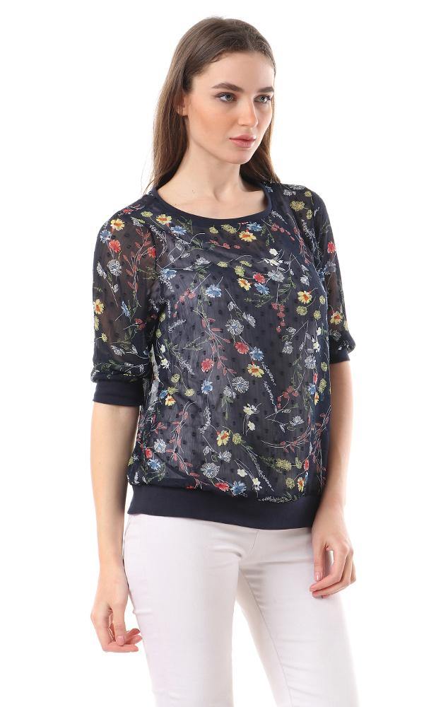 57060 Floral See Through Navy Blue Blouse - Ravin 