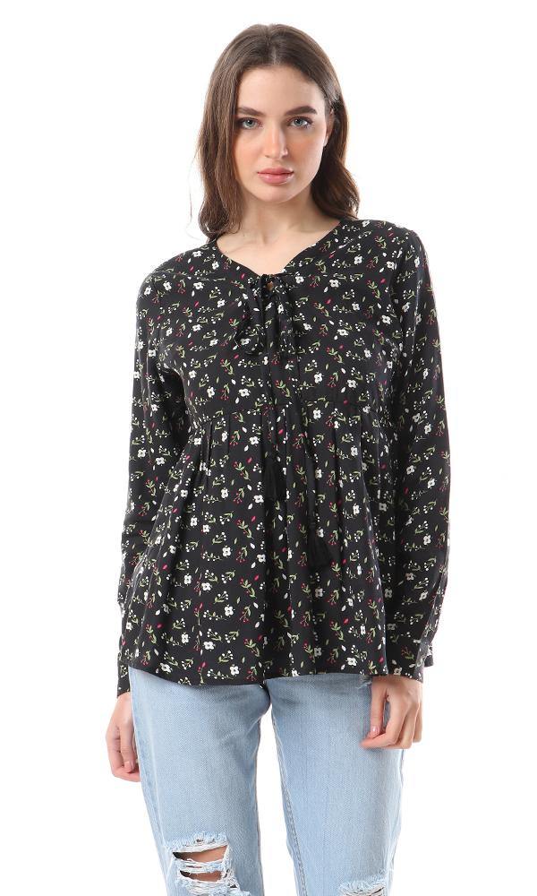 57066 Fluffy Long Sleeves Floral Black Blouse - Ravin 