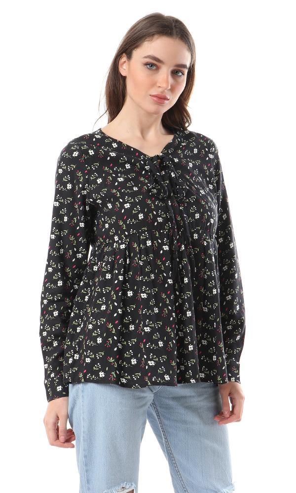 57066 Fluffy Long Sleeves Floral Black Blouse - Ravin 