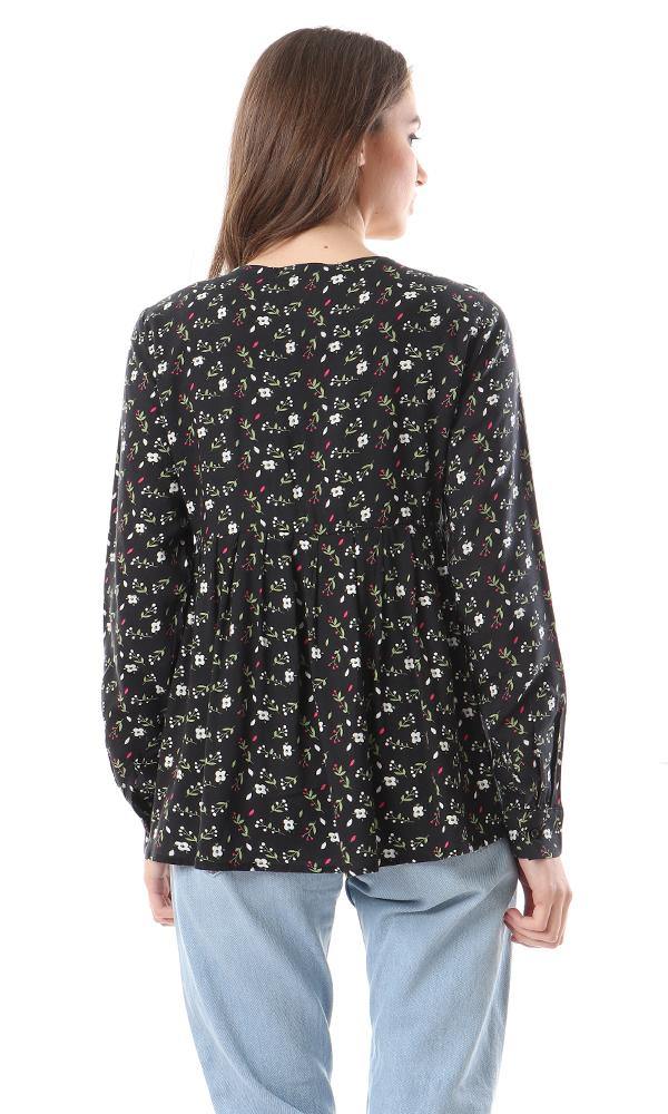 57066 Fluffy Long Sleeves Floral Black Blouse - Ravin 