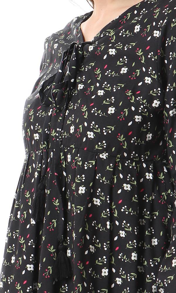 57066 Fluffy Long Sleeves Floral Black Blouse - Ravin 