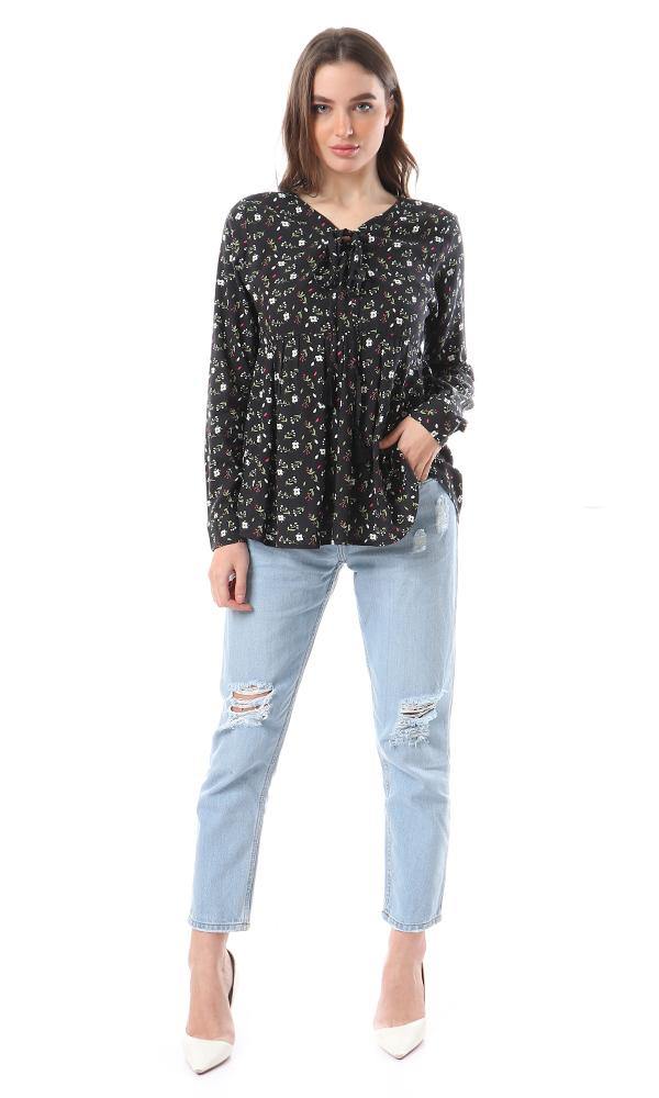 57066 Fluffy Long Sleeves Floral Black Blouse - Ravin 