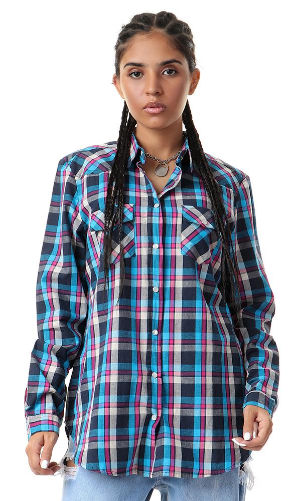 57068 Plaids Press Buttons Causal Navy Blue Shirt - Ravin 