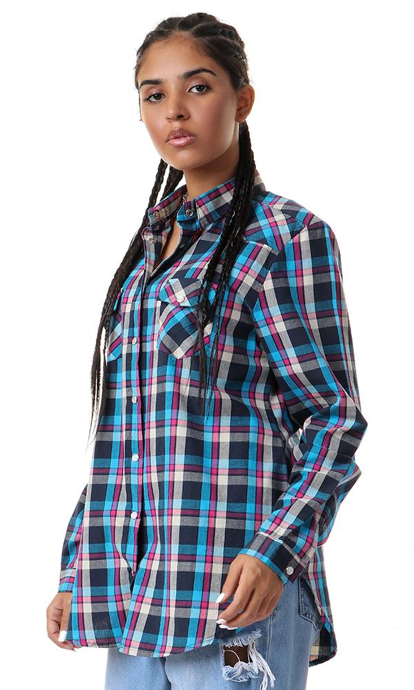 57068 Plaids Press Buttons Causal Navy Blue Shirt - Ravin 