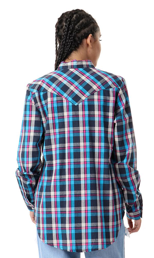 57068 Plaids Press Buttons Causal Navy Blue Shirt - Ravin 