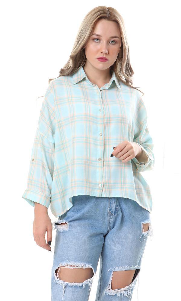 57077 High-Low Loose Tartan Aqua Casual Shirt - Ravin 