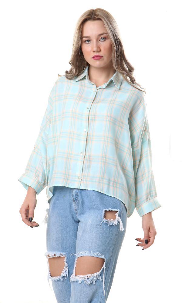 57077 High-Low Loose Tartan Aqua Casual Shirt - Ravin 