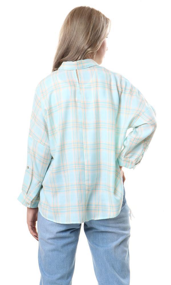 57077 High-Low Loose Tartan Aqua Casual Shirt - Ravin 