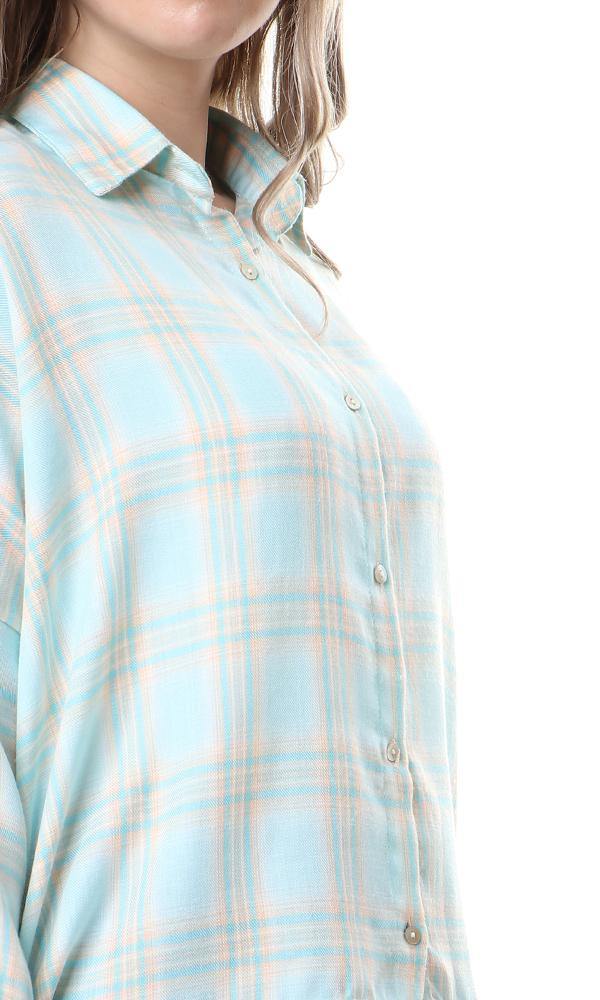 57077 High-Low Loose Tartan Aqua Casual Shirt - Ravin 