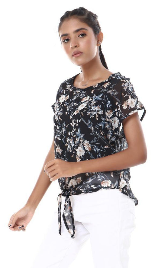 57081 Floral Sheer Chiffon Black Blouse With Tie - Ravin 