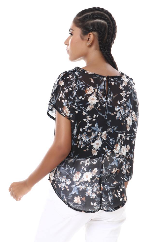 57081 Floral Sheer Chiffon Black Blouse With Tie - Ravin 