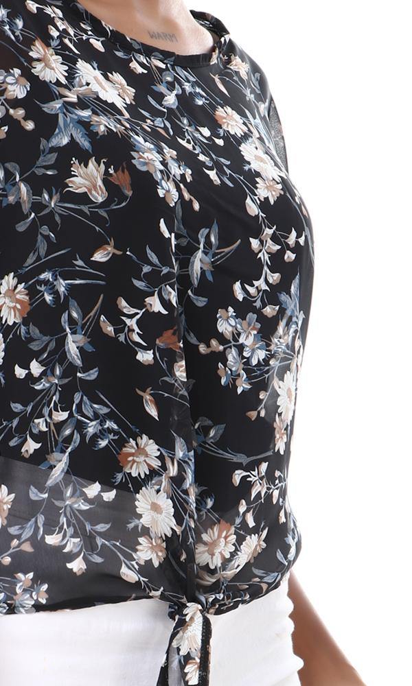 57081 Floral Sheer Chiffon Black Blouse With Tie - Ravin 
