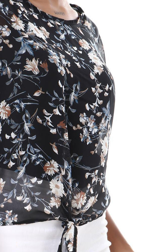 57081 Floral Sheer Chiffon Black Blouse With Tie - Ravin 