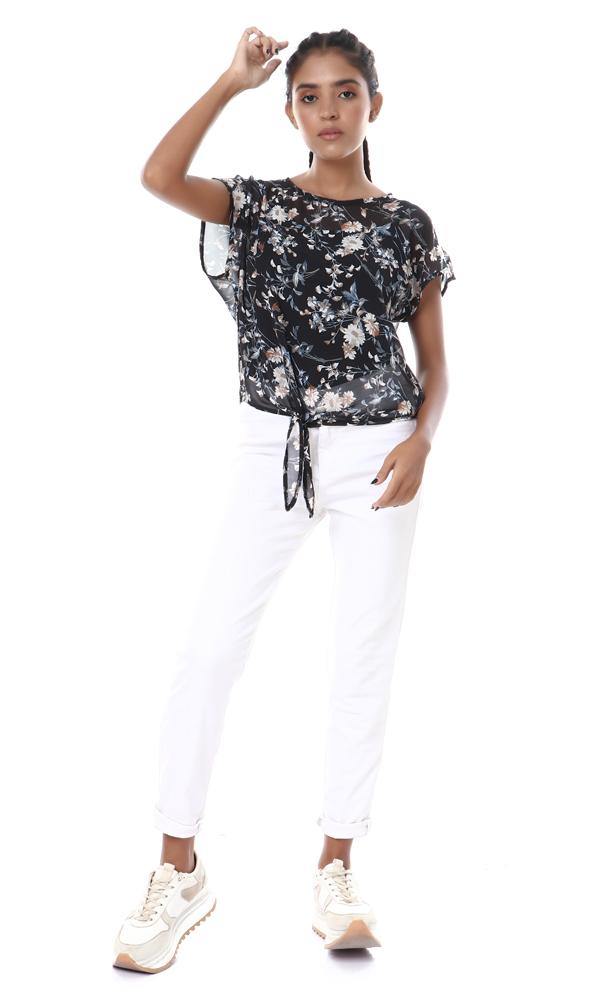 57081 Floral Sheer Chiffon Black Blouse With Tie - Ravin 
