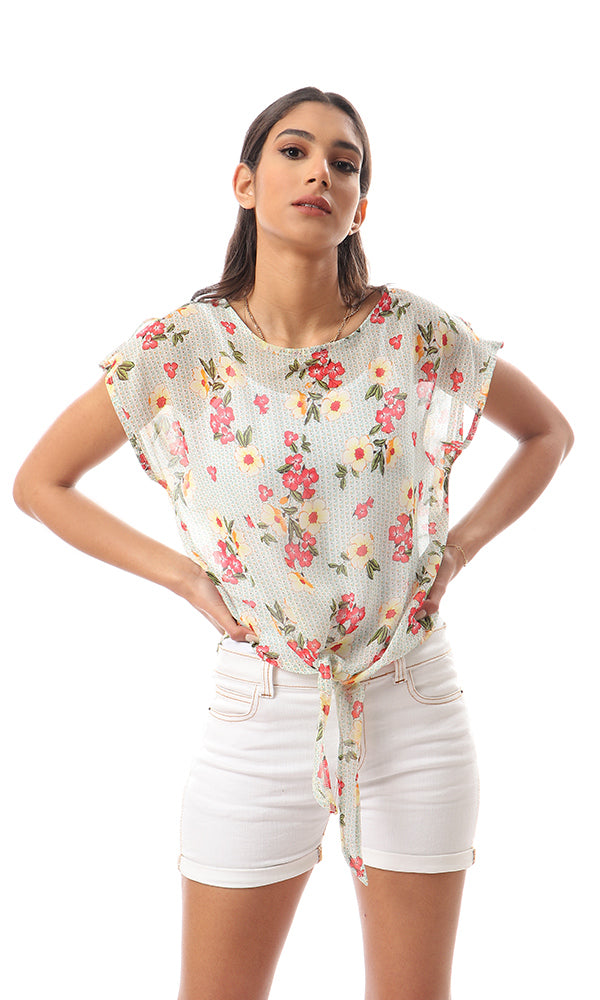 57082 Multicolour Floral Chiffon Blouse With Front Tie - Ravin 