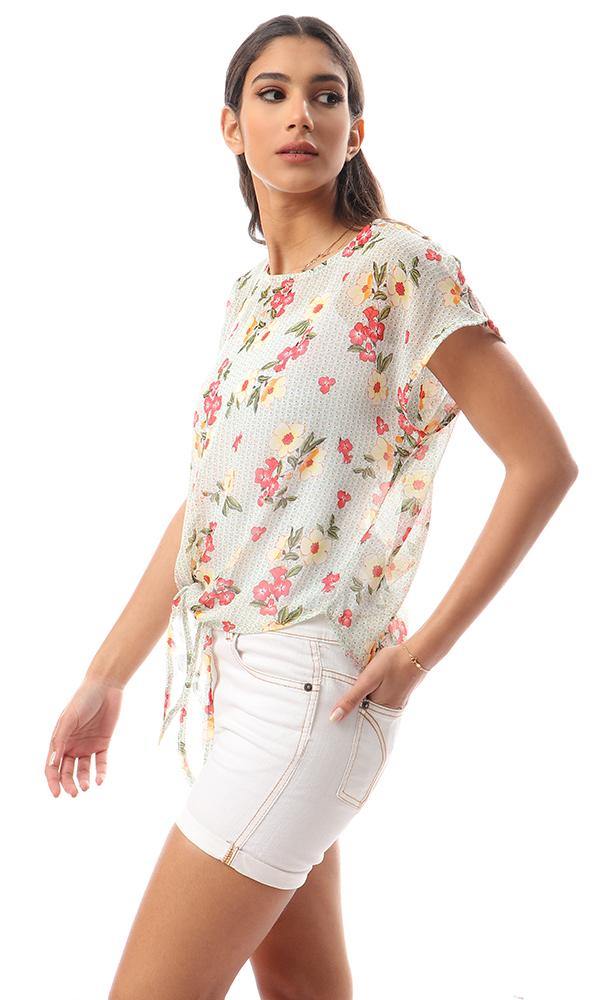 57082 Multicolour Floral Chiffon Blouse With Front Tie - Ravin 